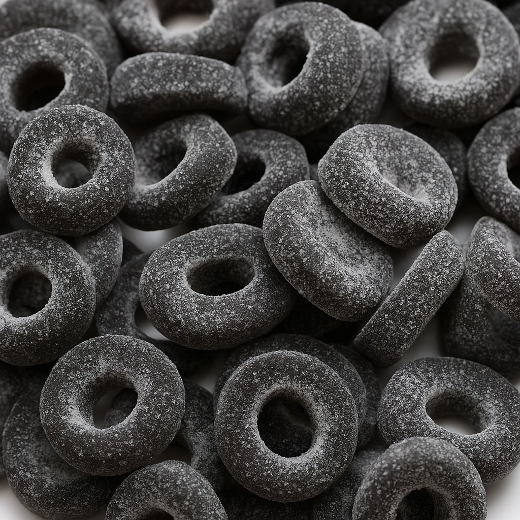 “Close-up image of black aniseed-flavoured gummy rings coated in sugar crystals, displayed on a clean white background.”