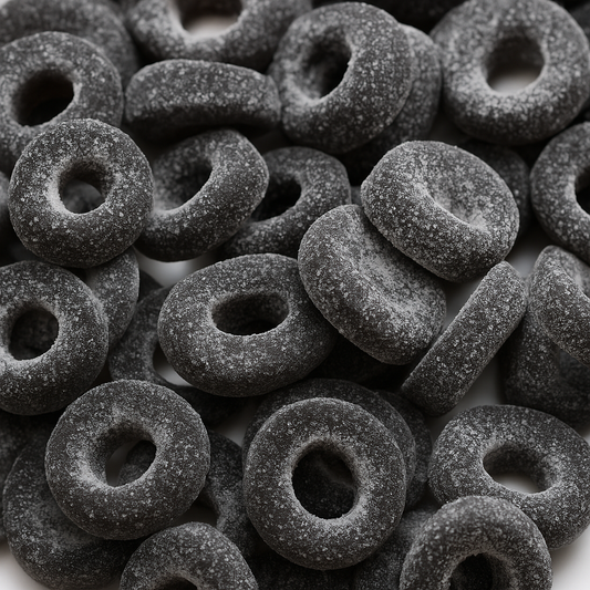 “Close-up image of black aniseed-flavoured gummy rings coated in sugar crystals, displayed on a clean white background.”