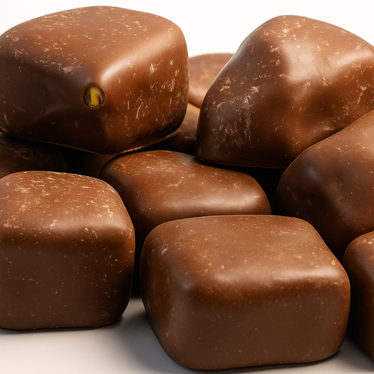 Bite-sized chunks of golden honeycomb coated in smooth milk chocolate, displayed on a white background.