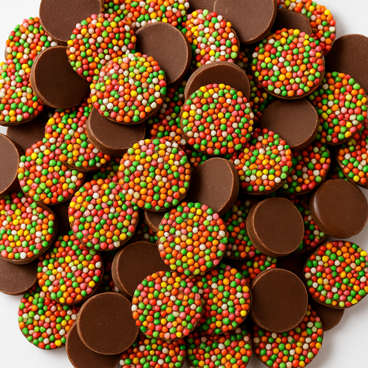“Close-up of chocolate freckles coated with colourful hundreds and thousands, showing glossy milk chocolate bases topped with vibrant candy sprinkles on a white background.”