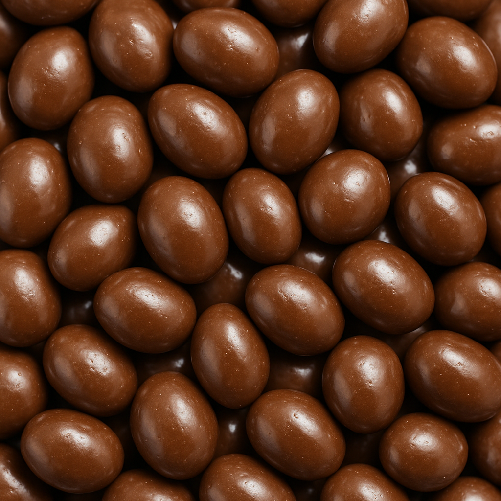 “Close-up of glossy milk chocolate-covered sultanas stacked together on a white background, showing their smooth chocolate coating and realistic candy texture.”