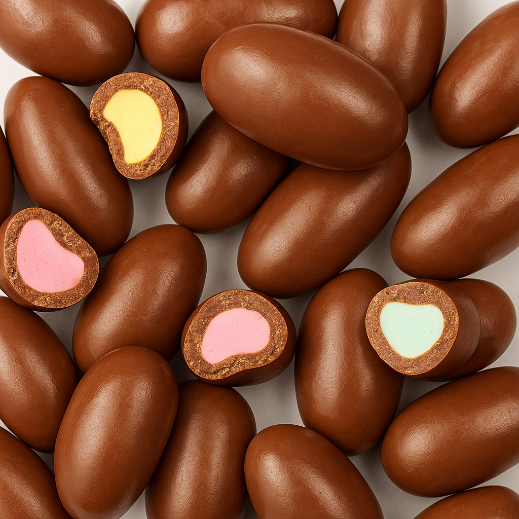 Chocolate-coated candy pieces with colourful chewy centres, showing glossy brown coating and a bite revealing the inside, displayed on a white background.