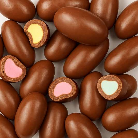 Chocolate-coated candy pieces with colourful chewy centres, showing glossy brown coating and a bite revealing the inside, displayed on a white background.
