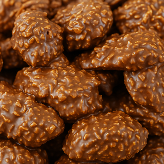 Milk chocolate clusters mixed with toasted coconut flakes, displayed on a white background with a rough, textured surface.