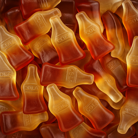 “Close-up of translucent cola bottle-shaped gummy lollies with brown and cream tones, glossy texture, and realistic detail.”