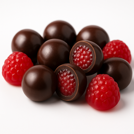 “Glossy dark chocolate raspberry lollies made from chewy raspberry centres coated in smooth dark chocolate, displayed on a white background.”