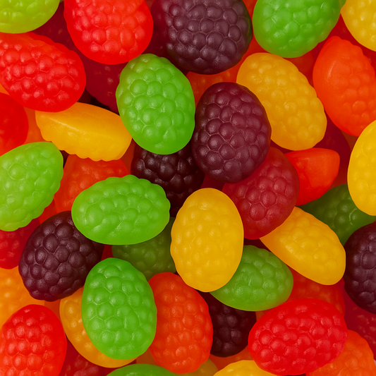 Assorted fruit berry-shaped gummies in red, purple, and pink tones with a sugar coating, displayed on a clean white background.