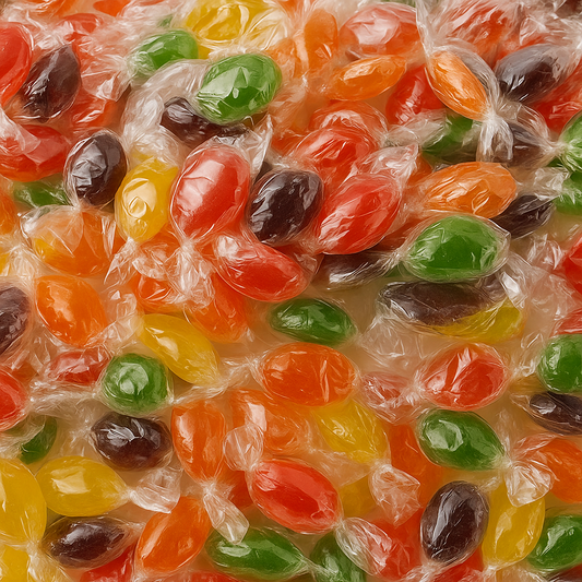 “Assorted fruit-flavoured hard candies wrapped in clear cellophane, showcasing vibrant red, orange, yellow, green, and purple sweets filling the frame.”