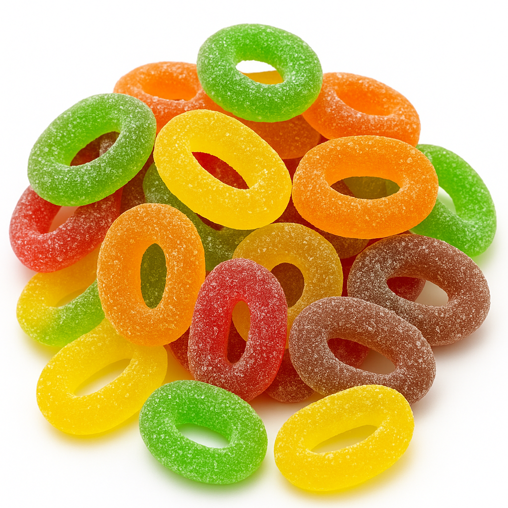 “Close-up of colourful sugar-coated fruit ring gummies in red, orange, yellow, green, and brown, arranged on a clean white background.”