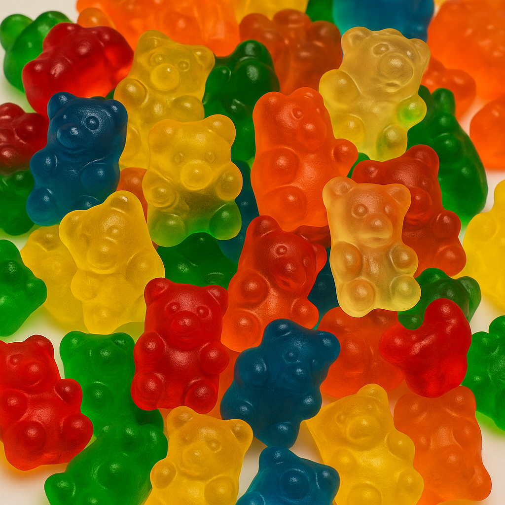 Close-up of colorful gummy bears in assorted red, orange, yellow, green, and blue colors, showcasing their glossy texture and translucent appearance.