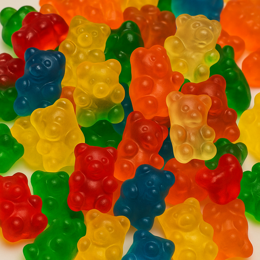 Close-up of colorful gummy bears in assorted red, orange, yellow, green, and blue colors, showcasing their glossy texture and translucent appearance.