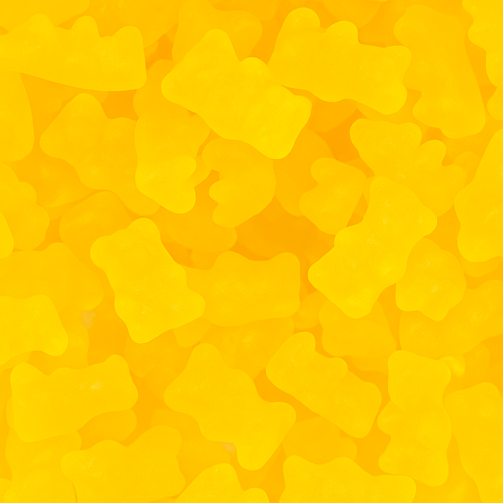 “Close-up of bright yellow honey bear gummy candies with a glossy, soft texture on a white background.”