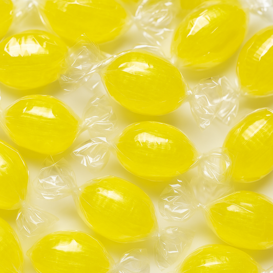 “Close-up of individually wrapped yellow lemon sherbet candies with a glossy finish on a white background.”