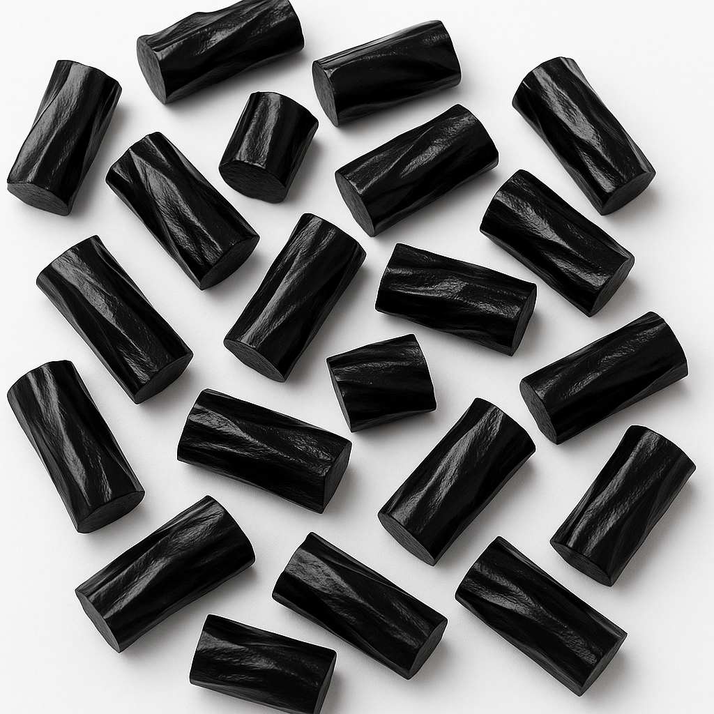 “Close-up image of glossy black licorice bites on a white background, showcasing their smooth texture and chewy finish.”