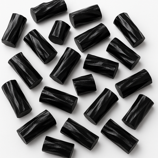 “Close-up image of glossy black licorice bites on a white background, showcasing their smooth texture and chewy finish.”