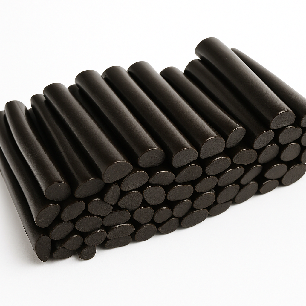 “High-quality photo of glossy black licorice logs neatly stacked on a clean white background, showing their smooth, shiny texture.”