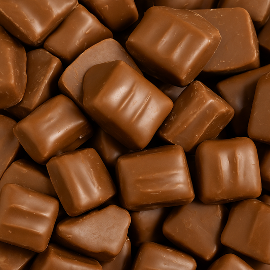 Chocolate-coated caramel squares piled together on a white background, showing glossy brown coating and chewy caramel centres.