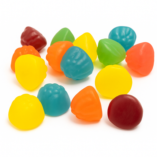 “Close-up of colourful mixed berry-shaped gummy candies in red, yellow, green, blue, and purple hues on a white background.”