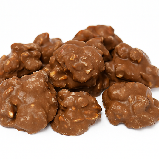 “Close-up of chocolate peanut clusters with glossy milk chocolate coating and crunchy peanuts, arranged on a clean white background.”
