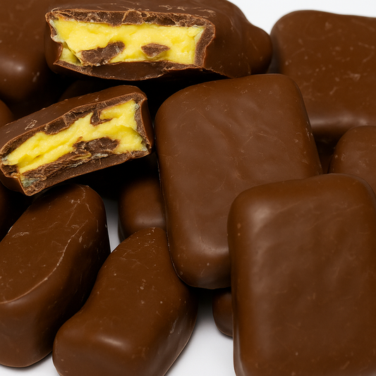 “Close-up of chocolate-coated pineapple lumps with a bright yellow pineapple-flavoured centre, arranged in a pile on a clean white background.”