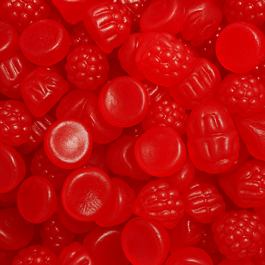 Bright red raspberry-shaped gummy lollies displayed on a white background, showing their soft, chewy texture and glossy finish.
