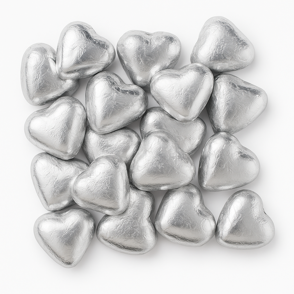 Silver foil-wrapped chocolate hearts arranged on a white background — elegant candies ideal for weddings, events, and gifts.