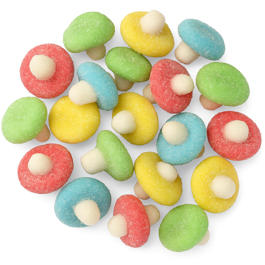 “Close-up of colourful sour mushroom gummies with sugar-coated caps in red, green, yellow, and blue, featuring soft white stems on a clean white background.”