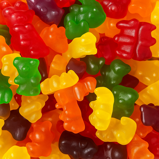 “High-resolution image of colourful gummy bears candy in red, orange, yellow, green, and purple, displayed on a clean white background.”