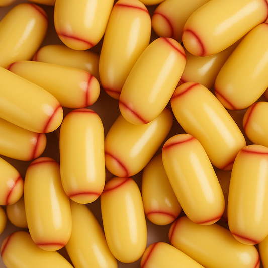 White chocolate-coated raspberry licorice bullets arranged on a white background, showing smooth creamy coating with red licorice centres.
