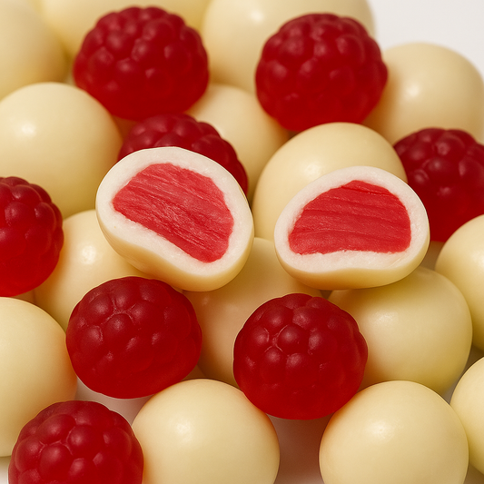 White chocolate-coated raspberry licorice bullets arranged on a white background, showing smooth creamy coating with red licorice centres.