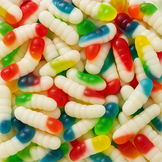 “High-resolution image of colourful witchetty grub-shaped gummy lollies with a white base and bright rainbow tops on a white background.”