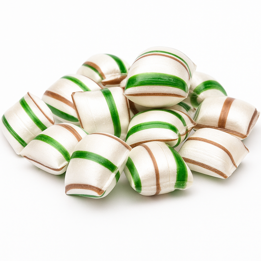 “Close-up of glossy chocolate mint crunch candies with white, green, and brown stripes, arranged on a clean white background.”