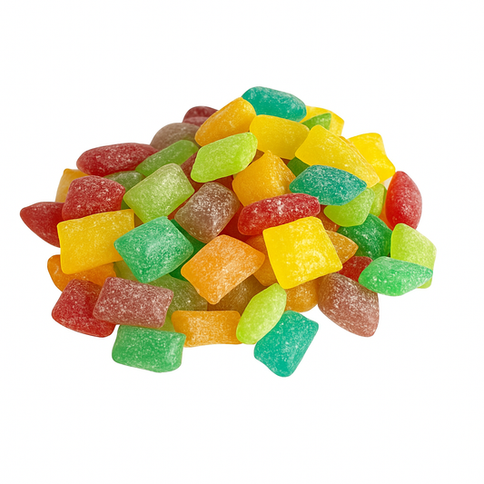 “Close-up of colourful sour acid drop candies in red, green, yellow, orange, and blue, coated in a fine layer of sugar and displayed on a clean white background.”