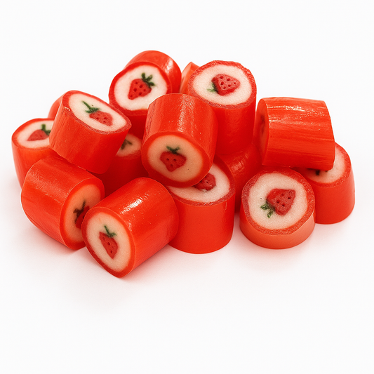 “Close-up of glossy red strawberry rock candies with white centres featuring tiny strawberry designs, arranged on a clean white background.”