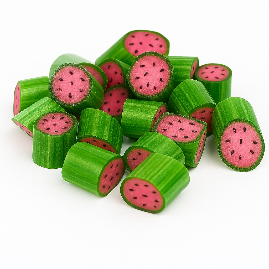 “Close-up of bright green and pink watermelon rock candies with black seed details, showing glossy surfaces and striped outer layers in a vibrant pile.”