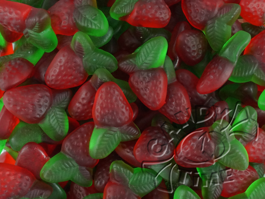 “Close-up of red and green strawberry-shaped gummies with sugar coating, designed to resemble strawberries with leaves, on a white background.”