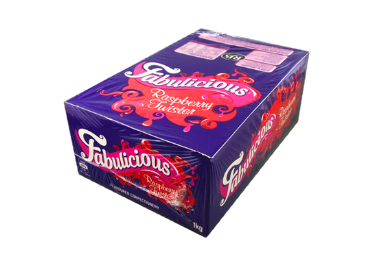 A 1kg bulk box of bright red raspberry-flavoured licorice twists, neatly arranged with a chewy, glossy texture, perfect for parties or sharing.