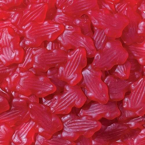 Red gummy frog-shaped lollies displayed on a white background, showing their soft, chewy texture and glossy finish.