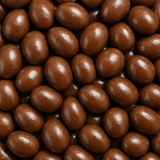 “Close-up of glossy milk chocolate-covered sultanas stacked together on a white background, showing their smooth chocolate coating and realistic candy texture.”