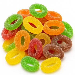“Close-up of colourful sugar-coated fruit ring gummies in red, orange, yellow, green, and brown, arranged on a clean white background.”