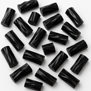 “Close-up image of glossy black licorice bites on a white background, showcasing their smooth texture and chewy finish.”