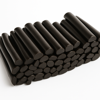 “High-quality photo of glossy black licorice logs neatly stacked on a clean white background, showing their smooth, shiny texture.”