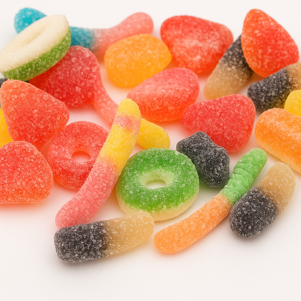 Assorted sour lollies in bright colours coated with sugar, including gummy worms, bottles, and fruit shapes, displayed on a white background.