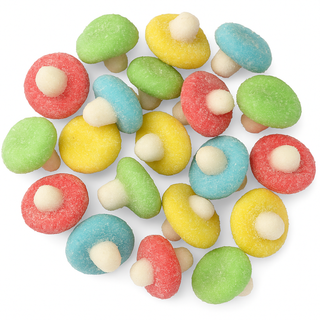 “Close-up of colourful sour mushroom gummies with sugar-coated caps in red, green, yellow, and blue, featuring soft white stems on a clean white background.”