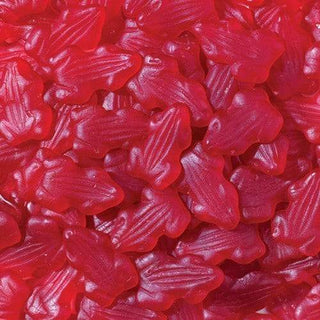 Red gummy frog-shaped lollies displayed on a white background, showing their soft, chewy texture and glossy finish.