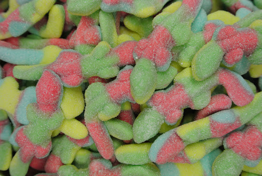 “Close-up image of colourful sour lizard-shaped gummy lollies coated in sugar crystals, featuring red, yellow, and green tones.”